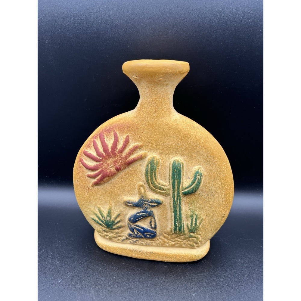 Southwestern Boho Folk Art Hand Painted Pottery Vase Cactus Sun